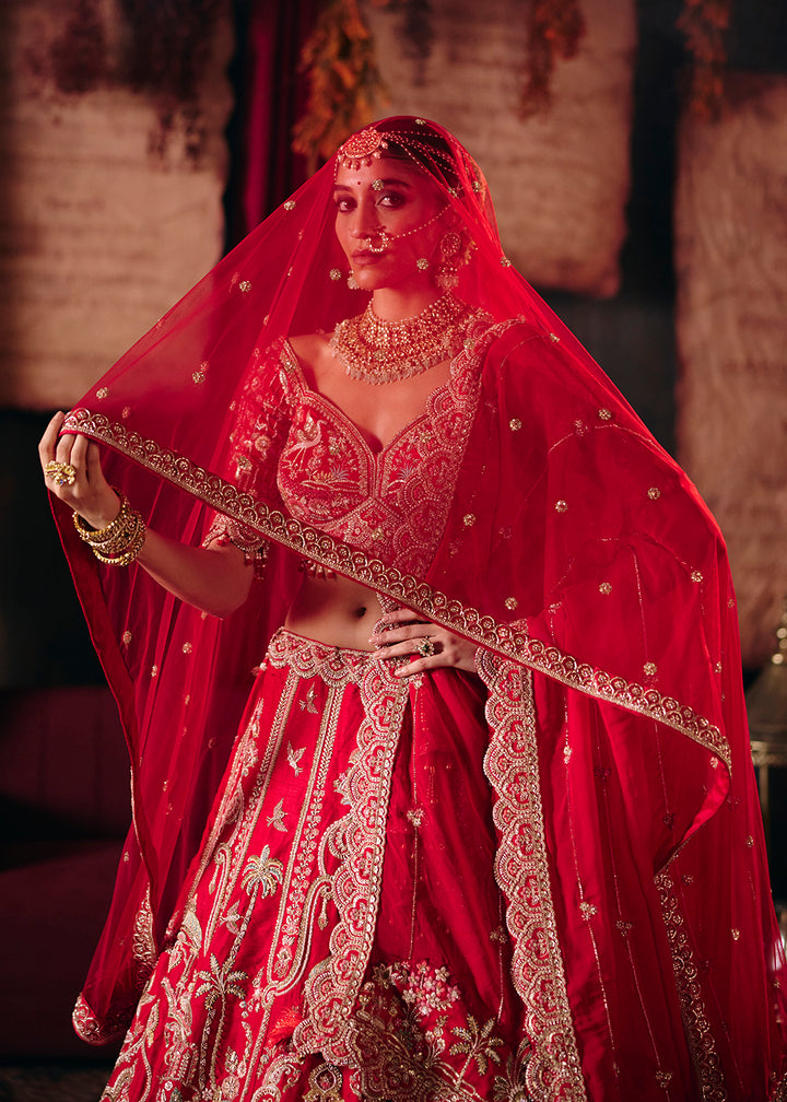Shop Now Red Heavy Embroidery with Double Dupatta Bridal Lehenga Choli Online in USA, UK, Canada, France, Germany, Austria, Italy, UAE &amp; Worldwide at Empress.
