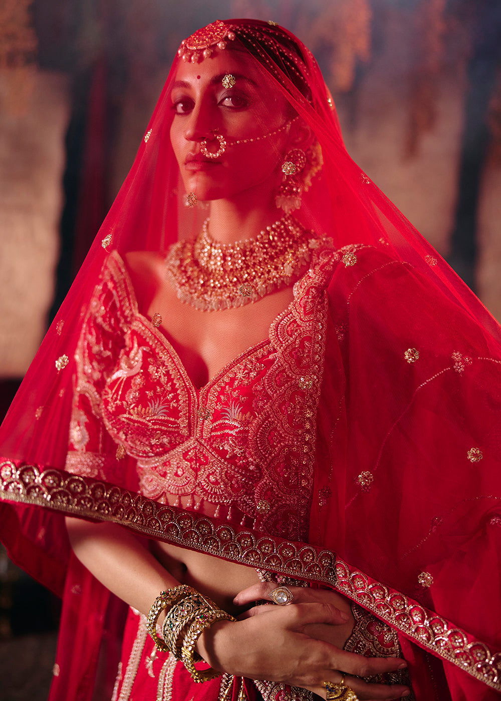 Shop Now Red Heavy Embroidery with Double Dupatta Bridal Lehenga Choli Online in USA, UK, Canada, France, Germany, Austria, Italy, UAE &amp; Worldwide at Empress.