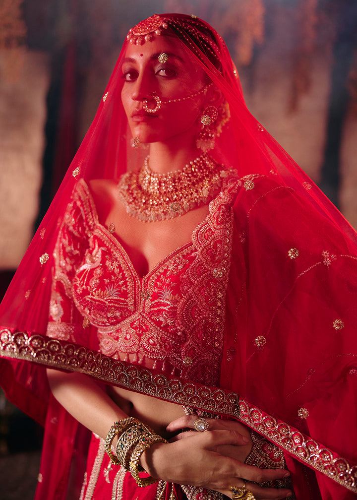 Shop Now Red Heavy Embroidery with Double Dupatta Bridal Lehenga Choli Online in USA, UK, Canada, France, Germany, Austria, Italy, UAE &amp; Worldwide at Empress.