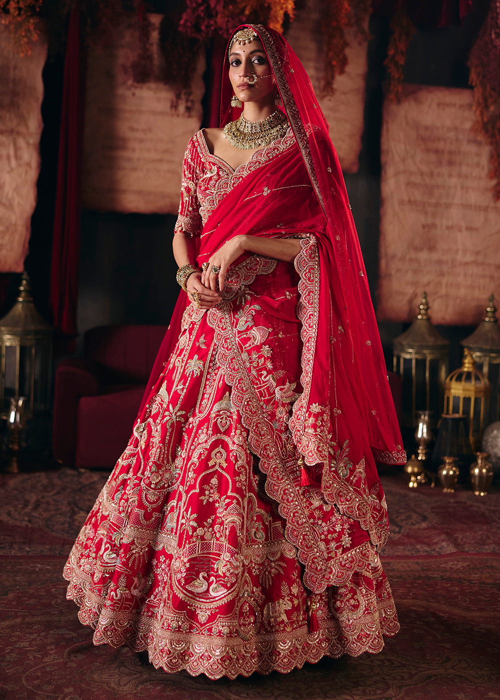 Shop Now Red Heavy Embroidery with Double Dupatta Bridal Lehenga Choli Online in USA, UK, Canada, France, Germany, Austria, Italy, UAE &amp; Worldwide at Empress.
