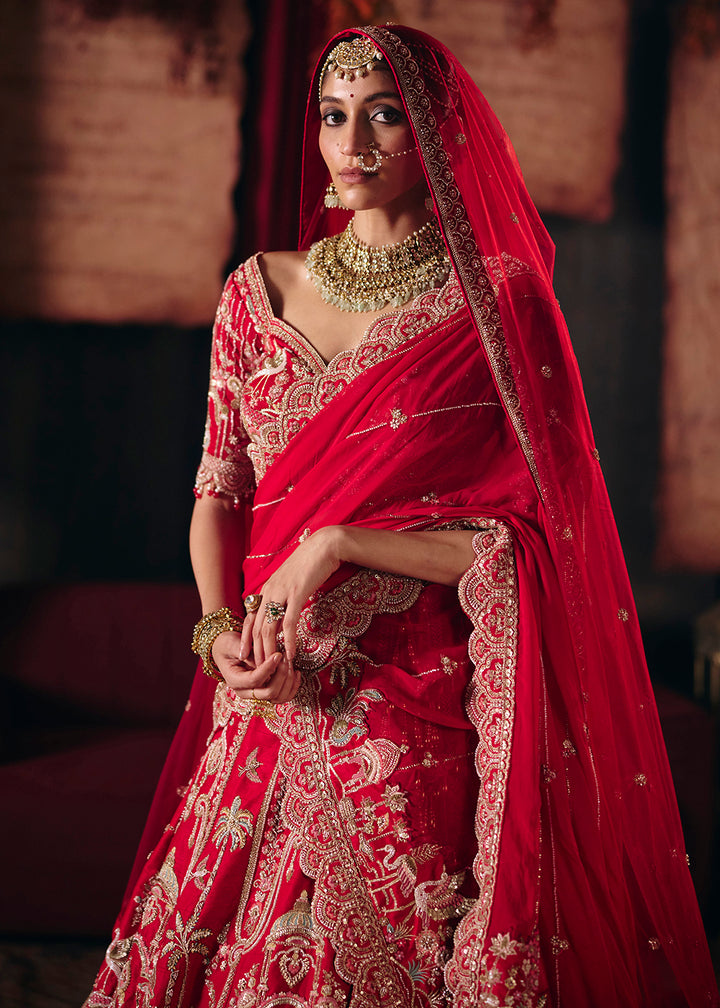Shop Now Red Heavy Embroidery with Double Dupatta Bridal Lehenga Choli Online in USA, UK, Canada, France, Germany, Austria, Italy, UAE &amp; Worldwide at Empress.