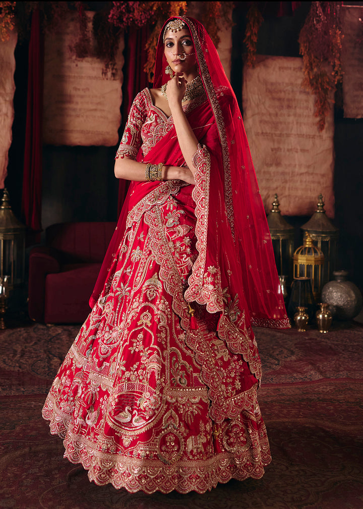 Shop Now Red Heavy Embroidery with Double Dupatta Bridal Lehenga Choli Online in USA, UK, Canada, France, Germany, Austria, Italy, UAE &amp; Worldwide at Empress.