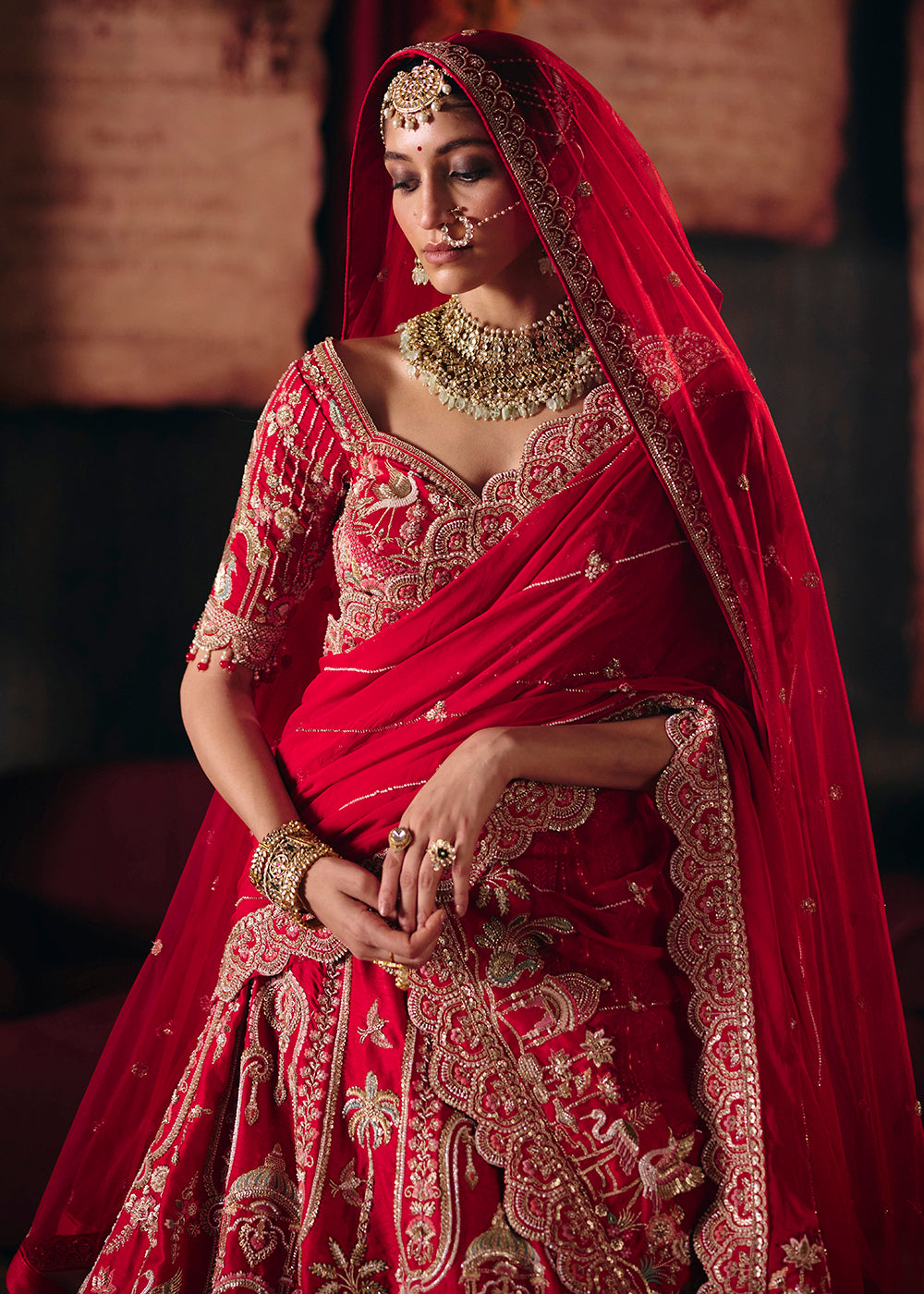 Shop Now Red Heavy Embroidery with Double Dupatta Bridal Lehenga Choli Online in USA, UK, Canada, France, Germany, Austria, Italy, UAE &amp; Worldwide at Empress.