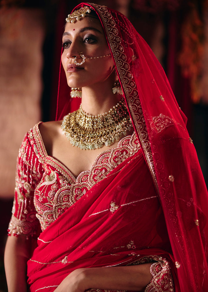 Shop Now Red Heavy Embroidery with Double Dupatta Bridal Lehenga Choli Online in USA, UK, Canada, France, Germany, Austria, Italy, UAE &amp; Worldwide at Empress.