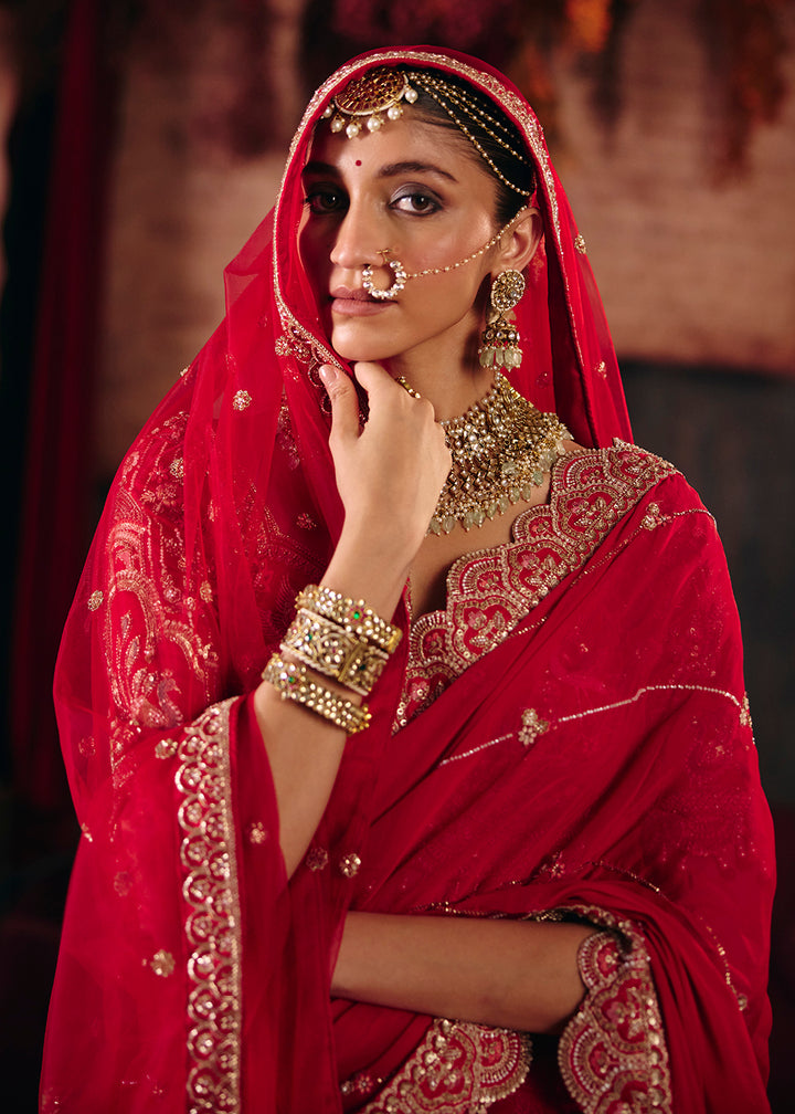 Shop Now Red Heavy Embroidery with Double Dupatta Bridal Lehenga Choli Online in USA, UK, Canada, France, Germany, Austria, Italy, UAE &amp; Worldwide at Empress.