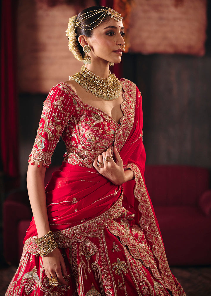 Shop Now Red Heavy Embroidery with Double Dupatta Bridal Lehenga Choli Online in USA, UK, Canada, France, Germany, Austria, Italy, UAE &amp; Worldwide at Empress.