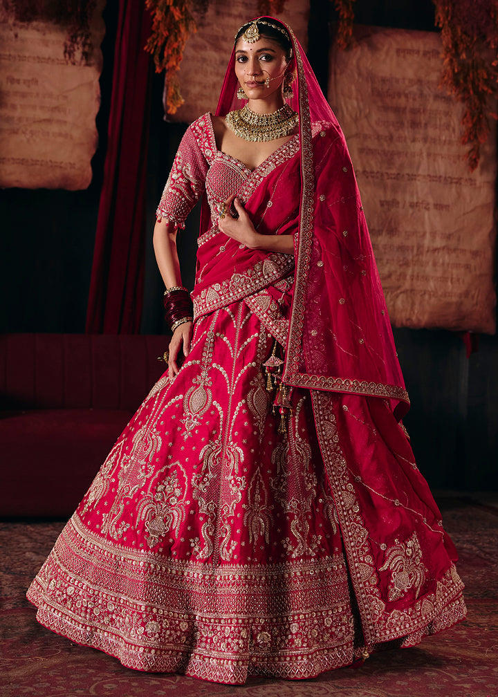 Shop Now Hot Pink Heavy Embroidery with Double Dupatta Bridal Lehenga Choli Online in USA, UK, Canada, France, Germany, Austria, Italy &amp; Worldwide at Empress.