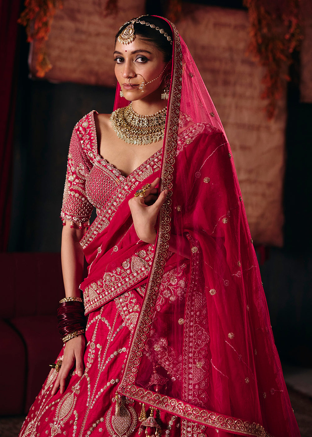 Shop Now Hot Pink Heavy Embroidery with Double Dupatta Bridal Lehenga Choli Online in USA, UK, Canada, France, Germany, Austria, Italy &amp; Worldwide at Empress.