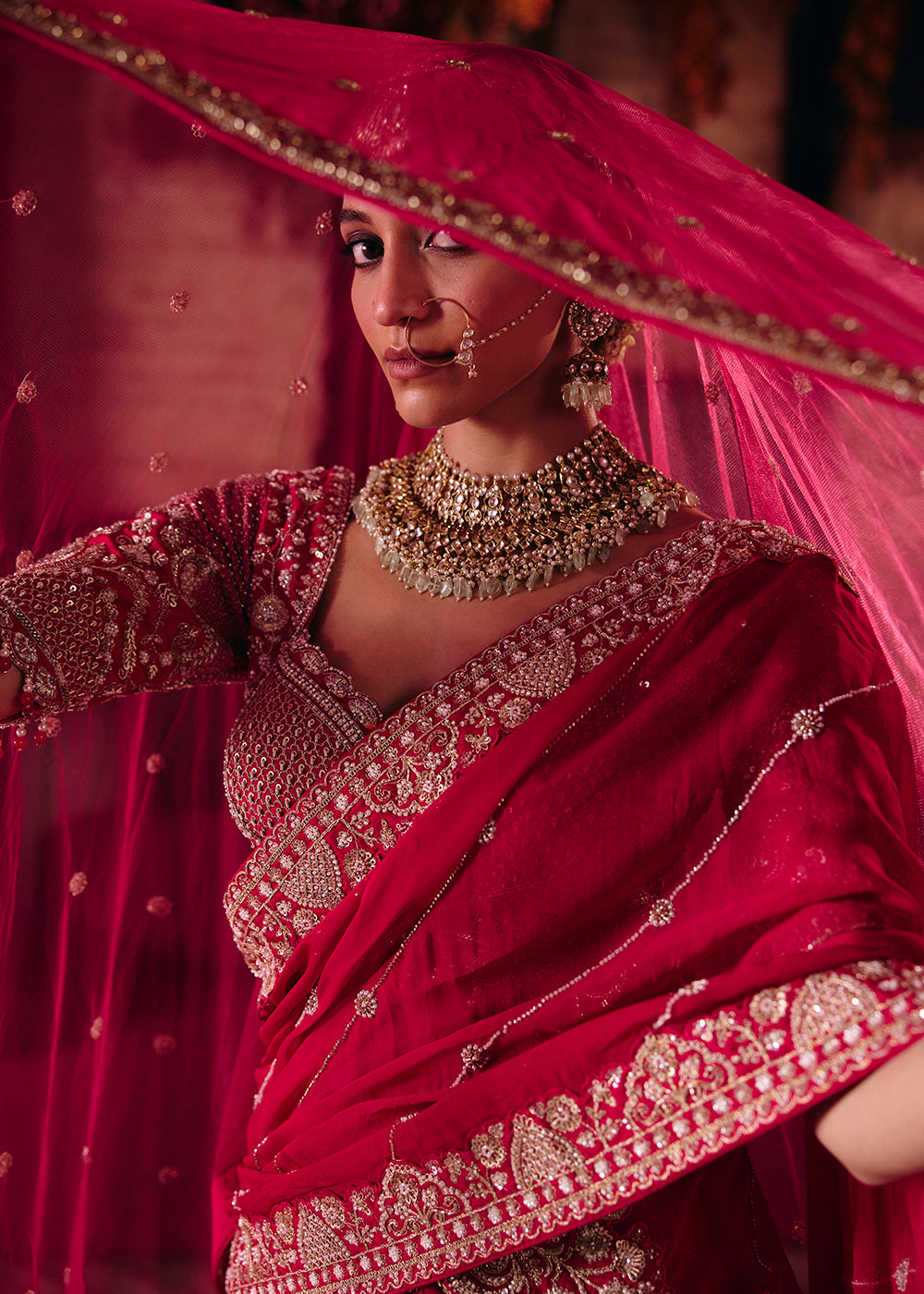 Shop Now Hot Pink Heavy Embroidery with Double Dupatta Bridal Lehenga Choli Online in USA, UK, Canada, France, Germany, Austria, Italy &amp; Worldwide at Empress.