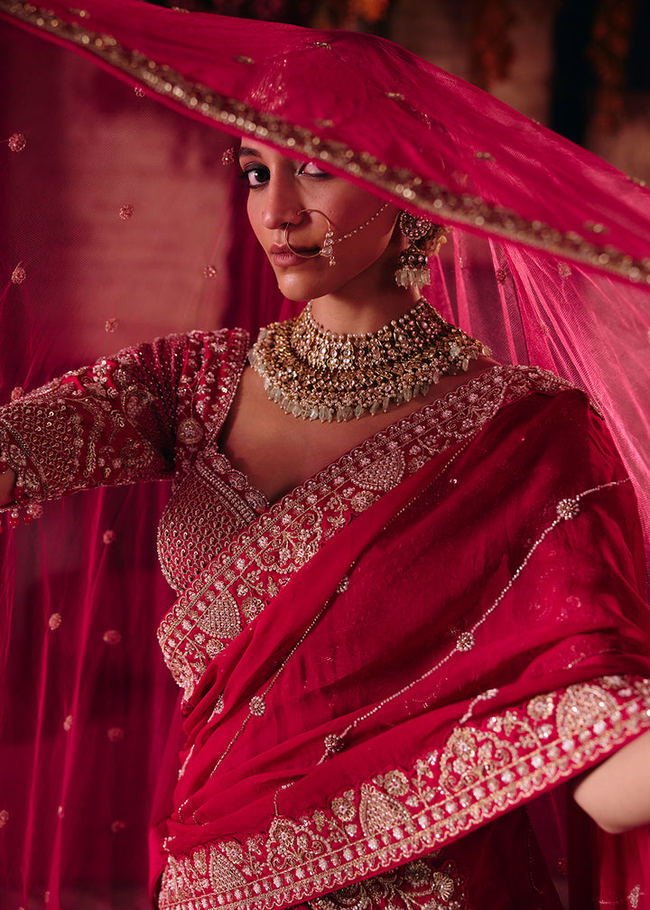 Shop Now Hot Pink Heavy Embroidery with Double Dupatta Bridal Lehenga Choli Online in USA, UK, Canada, France, Germany, Austria, Italy &amp; Worldwide at Empress.