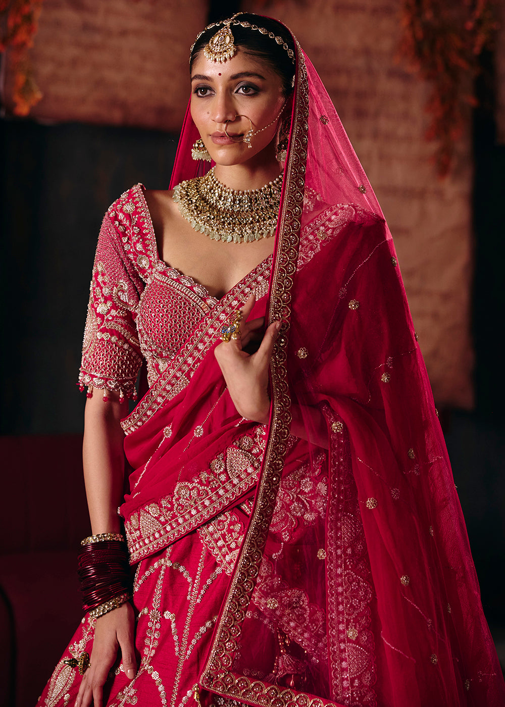 Shop Now Hot Pink Heavy Embroidery with Double Dupatta Bridal Lehenga Choli Online in USA, UK, Canada, France, Germany, Austria, Italy &amp; Worldwide at Empress.