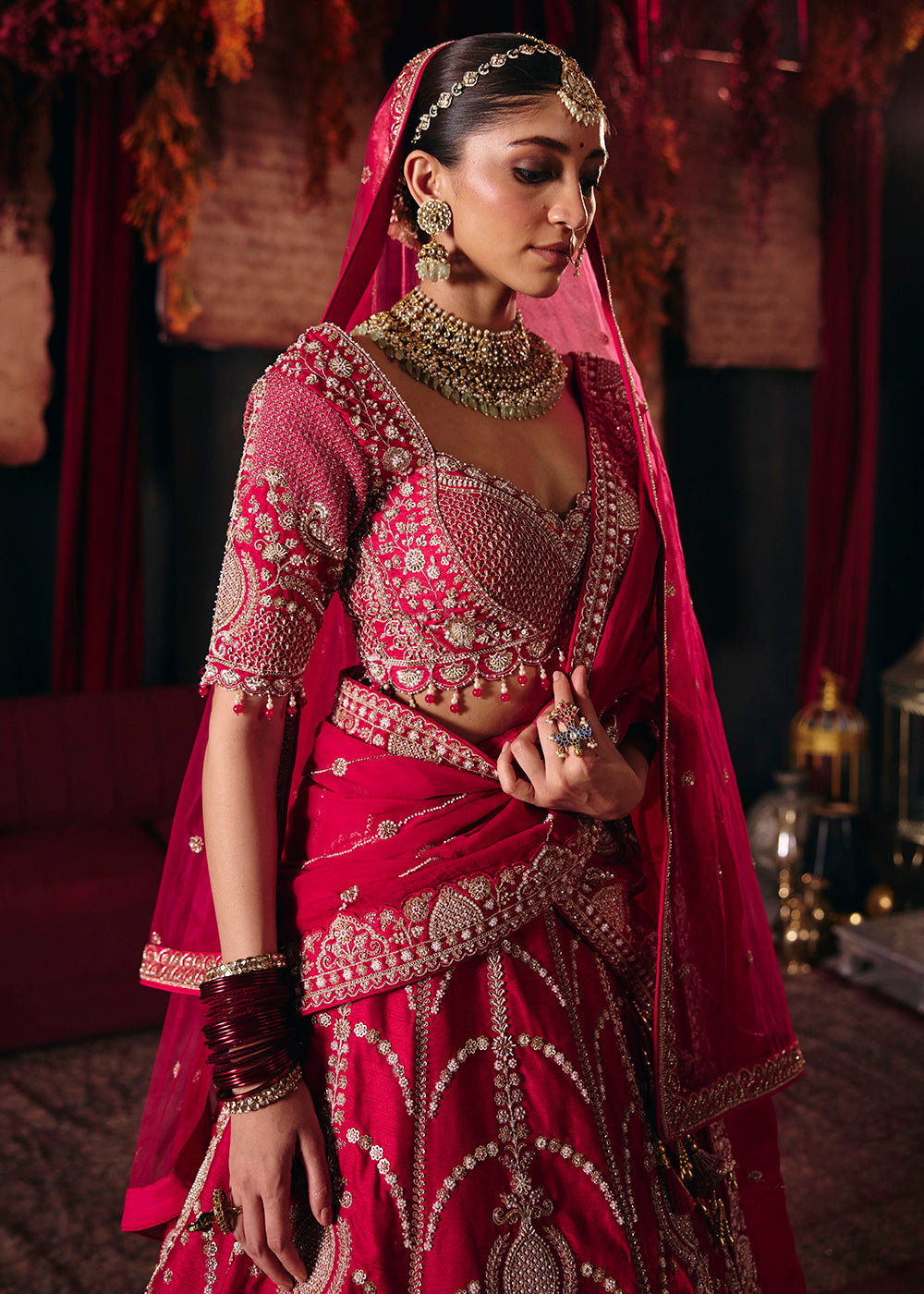 Shop Now Hot Pink Heavy Embroidery with Double Dupatta Bridal Lehenga Choli Online in USA, UK, Canada, France, Germany, Austria, Italy &amp; Worldwide at Empress.