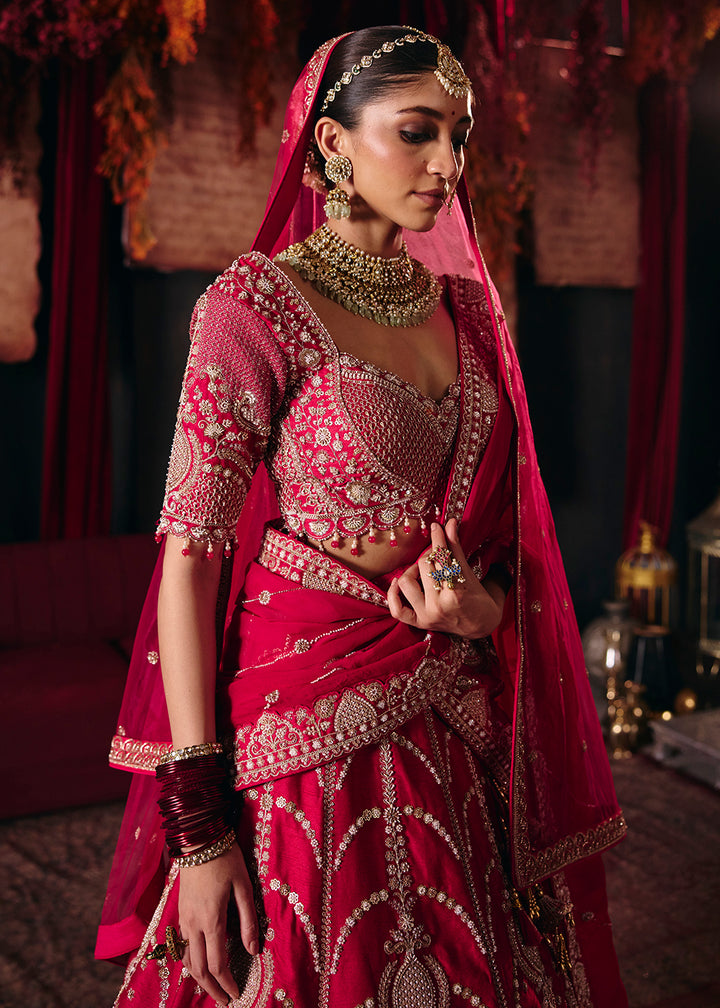 Shop Now Hot Pink Heavy Embroidery with Double Dupatta Bridal Lehenga Choli Online in USA, UK, Canada, France, Germany, Austria, Italy &amp; Worldwide at Empress.