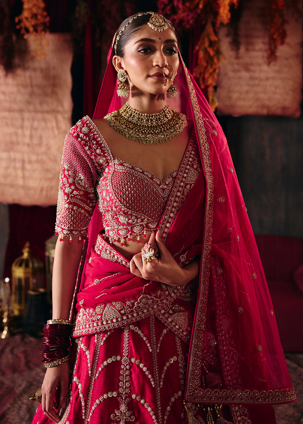Shop Now Hot Pink Heavy Embroidery with Double Dupatta Bridal Lehenga Choli Online in USA, UK, Canada, France, Germany, Austria, Italy &amp; Worldwide at Empress.