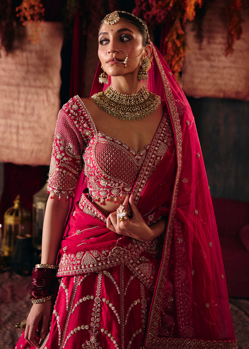 Shop Now Hot Pink Heavy Embroidery with Double Dupatta Bridal Lehenga Choli Online in USA, UK, Canada, France, Germany, Austria, Italy &amp; Worldwide at Empress.