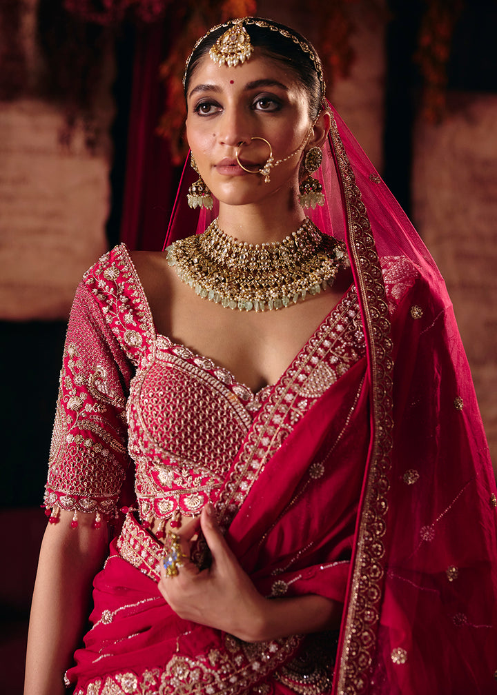 Shop Now Hot Pink Heavy Embroidery with Double Dupatta Bridal Lehenga Choli Online in USA, UK, Canada, France, Germany, Austria, Italy &amp; Worldwide at Empress.