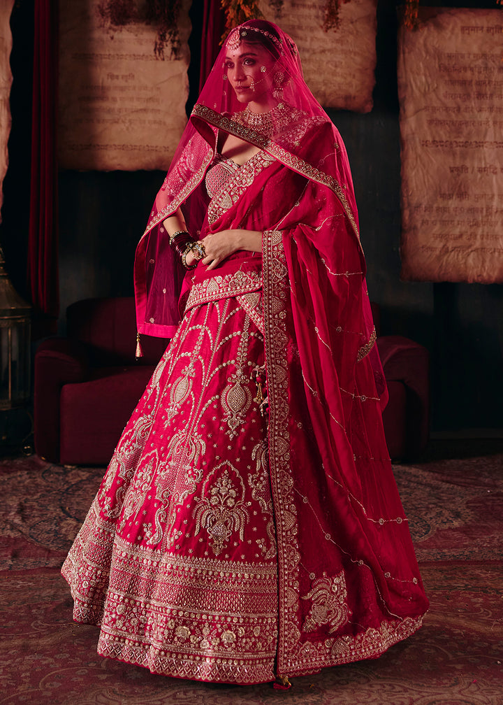 Shop Now Hot Pink Heavy Embroidery with Double Dupatta Bridal Lehenga Choli Online in USA, UK, Canada, France, Germany, Austria, Italy &amp; Worldwide at Empress.