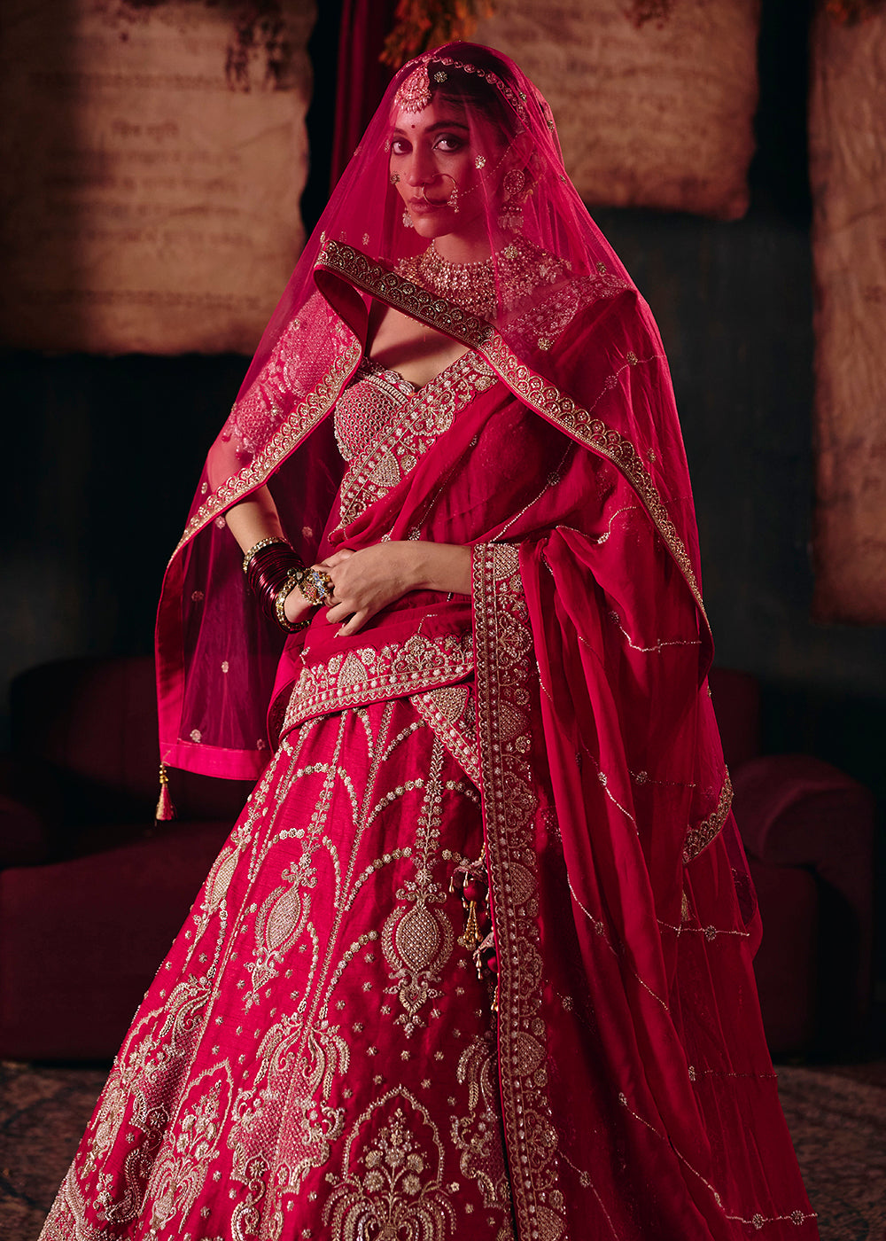Shop Now Hot Pink Heavy Embroidery with Double Dupatta Bridal Lehenga Choli Online in USA, UK, Canada, France, Germany, Austria, Italy &amp; Worldwide at Empress.