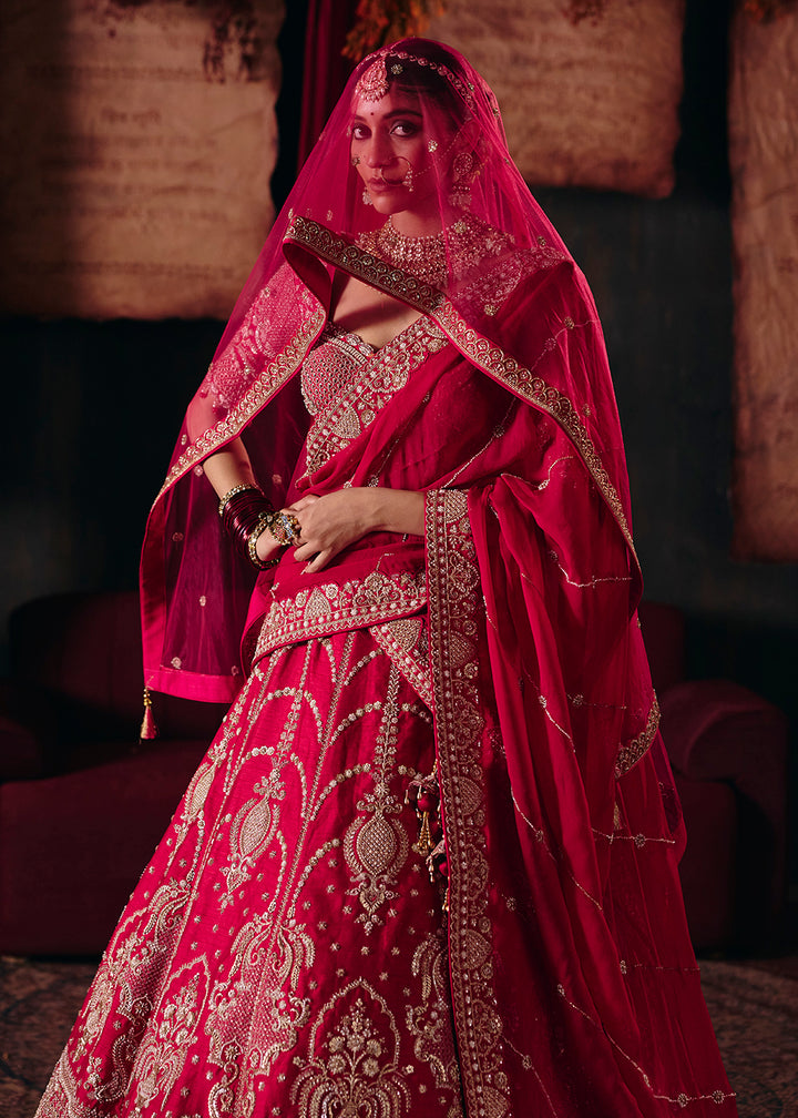 Shop Now Hot Pink Heavy Embroidery with Double Dupatta Bridal Lehenga Choli Online in USA, UK, Canada, France, Germany, Austria, Italy &amp; Worldwide at Empress.