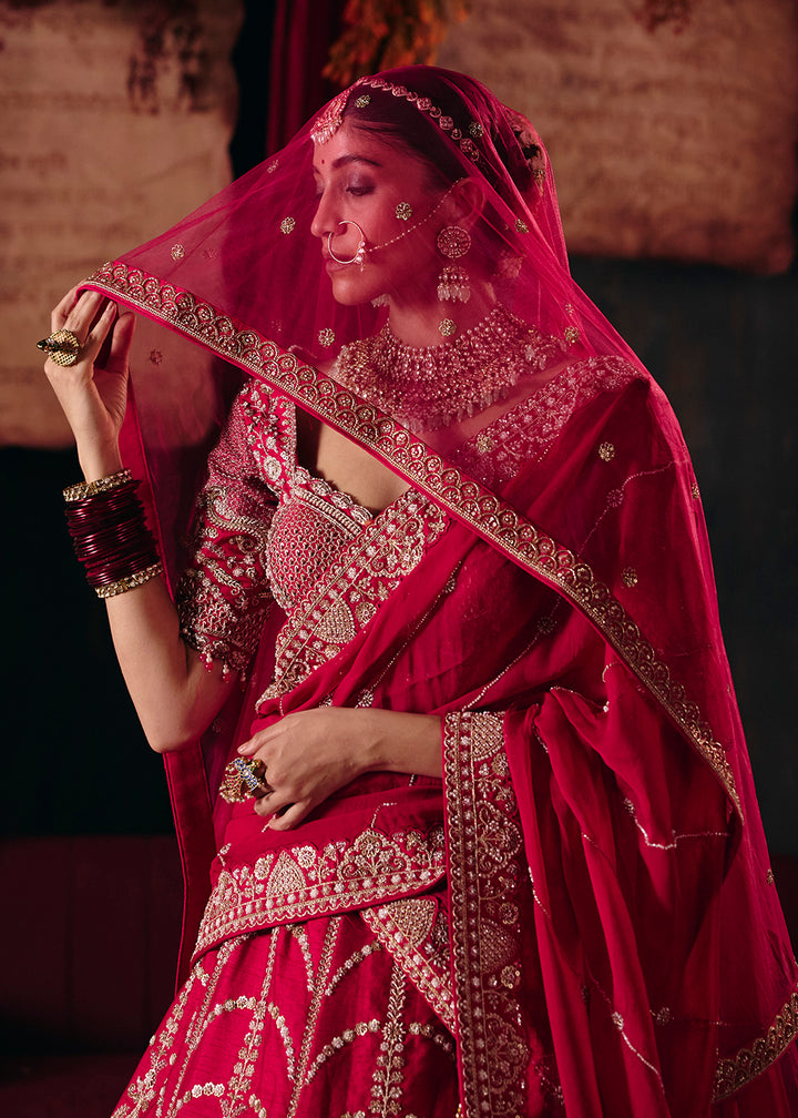 Shop Now Hot Pink Heavy Embroidery with Double Dupatta Bridal Lehenga Choli Online in USA, UK, Canada, France, Germany, Austria, Italy &amp; Worldwide at Empress.