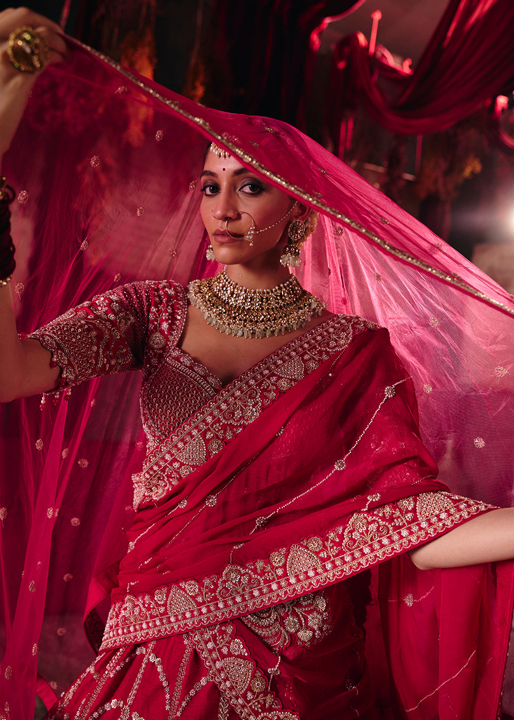 Shop Now Hot Pink Heavy Embroidery with Double Dupatta Bridal Lehenga Choli Online in USA, UK, Canada, France, Germany, Austria, Italy &amp; Worldwide at Empress.
