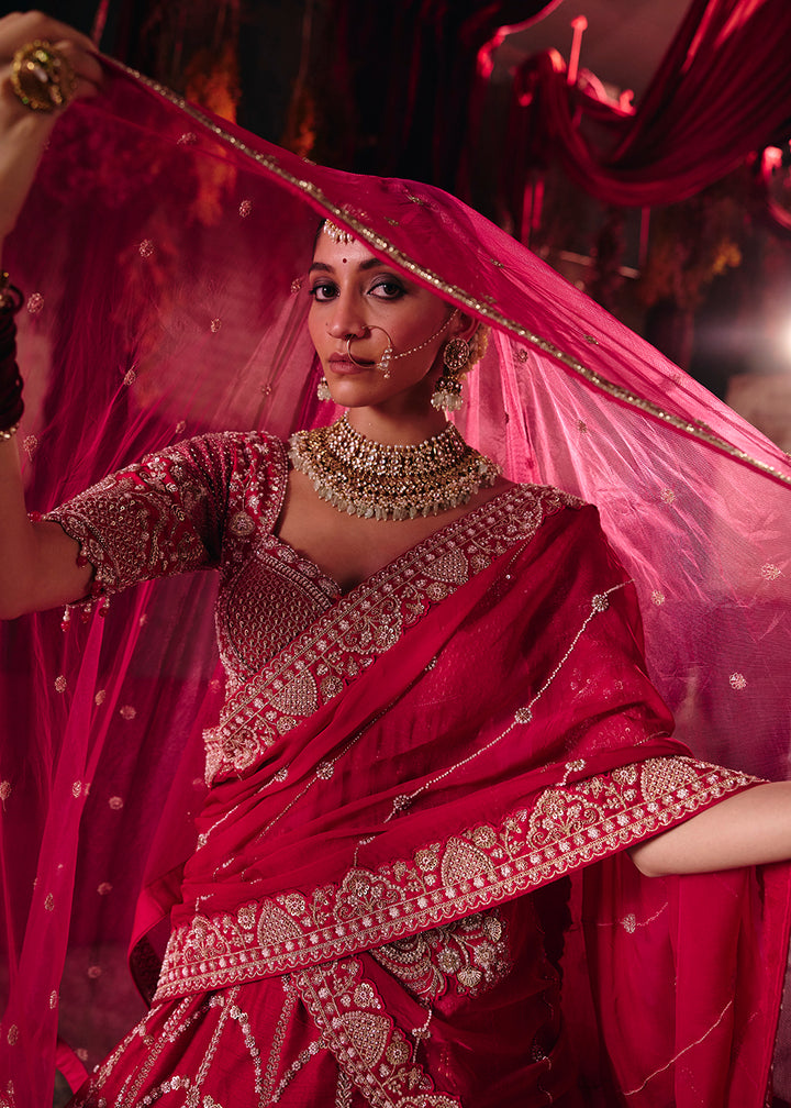 Shop Now Hot Pink Heavy Embroidery with Double Dupatta Bridal Lehenga Choli Online in USA, UK, Canada, France, Germany, Austria, Italy &amp; Worldwide at Empress.