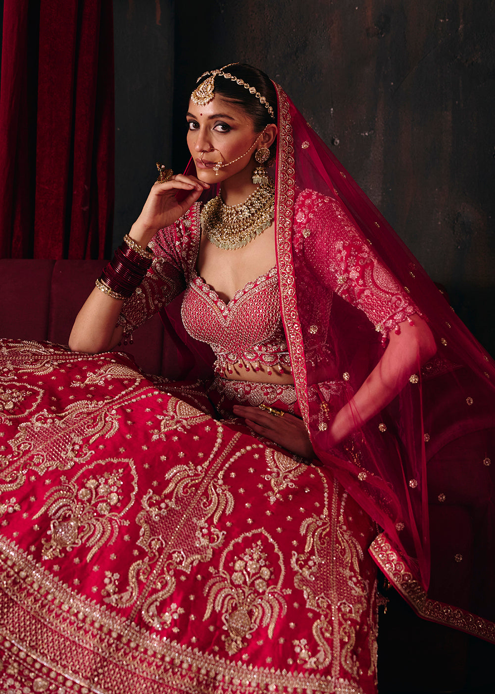 Shop Now Hot Pink Heavy Embroidery with Double Dupatta Bridal Lehenga Choli Online in USA, UK, Canada, France, Germany, Austria, Italy &amp; Worldwide at Empress.