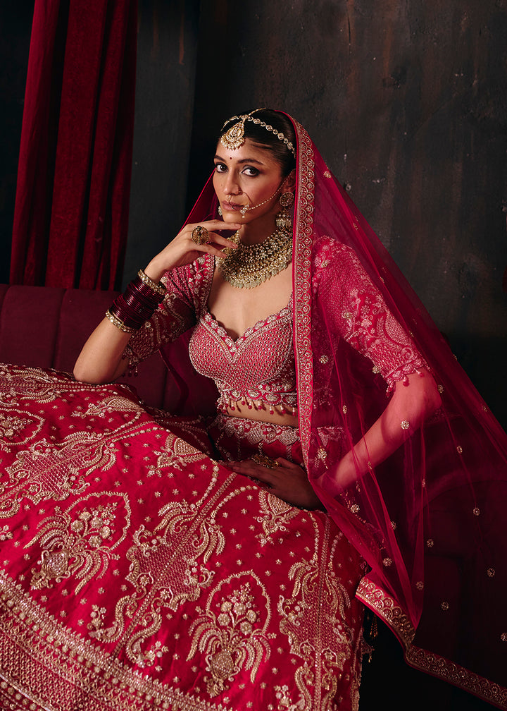 Shop Now Hot Pink Heavy Embroidery with Double Dupatta Bridal Lehenga Choli Online in USA, UK, Canada, France, Germany, Austria, Italy &amp; Worldwide at Empress.