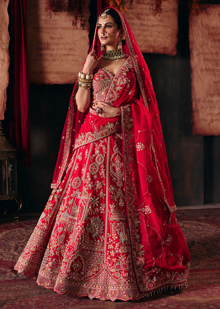Shop Now Rani Red Heavy Embroidery with Double Dupatta Bridal Lehenga Choli Online in USA, UK, Canada, France, Germany, Austria, Italy &amp; Worldwide at Empress.