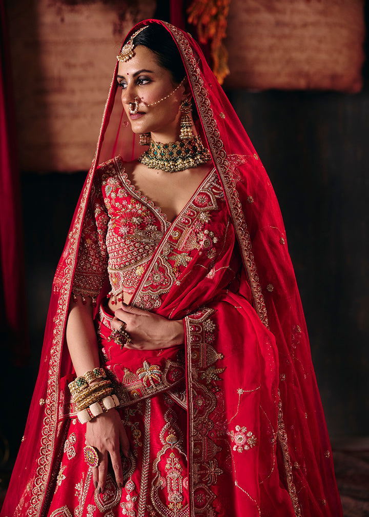 Shop Now Rani Red Heavy Embroidery with Double Dupatta Bridal Lehenga Choli Online in USA, UK, Canada, France, Germany, Austria, Italy &amp; Worldwide at Empress.