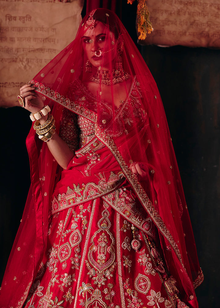 Shop Now Rani Red Heavy Embroidery with Double Dupatta Bridal Lehenga Choli Online in USA, UK, Canada, France, Germany, Austria, Italy &amp; Worldwide at Empress.