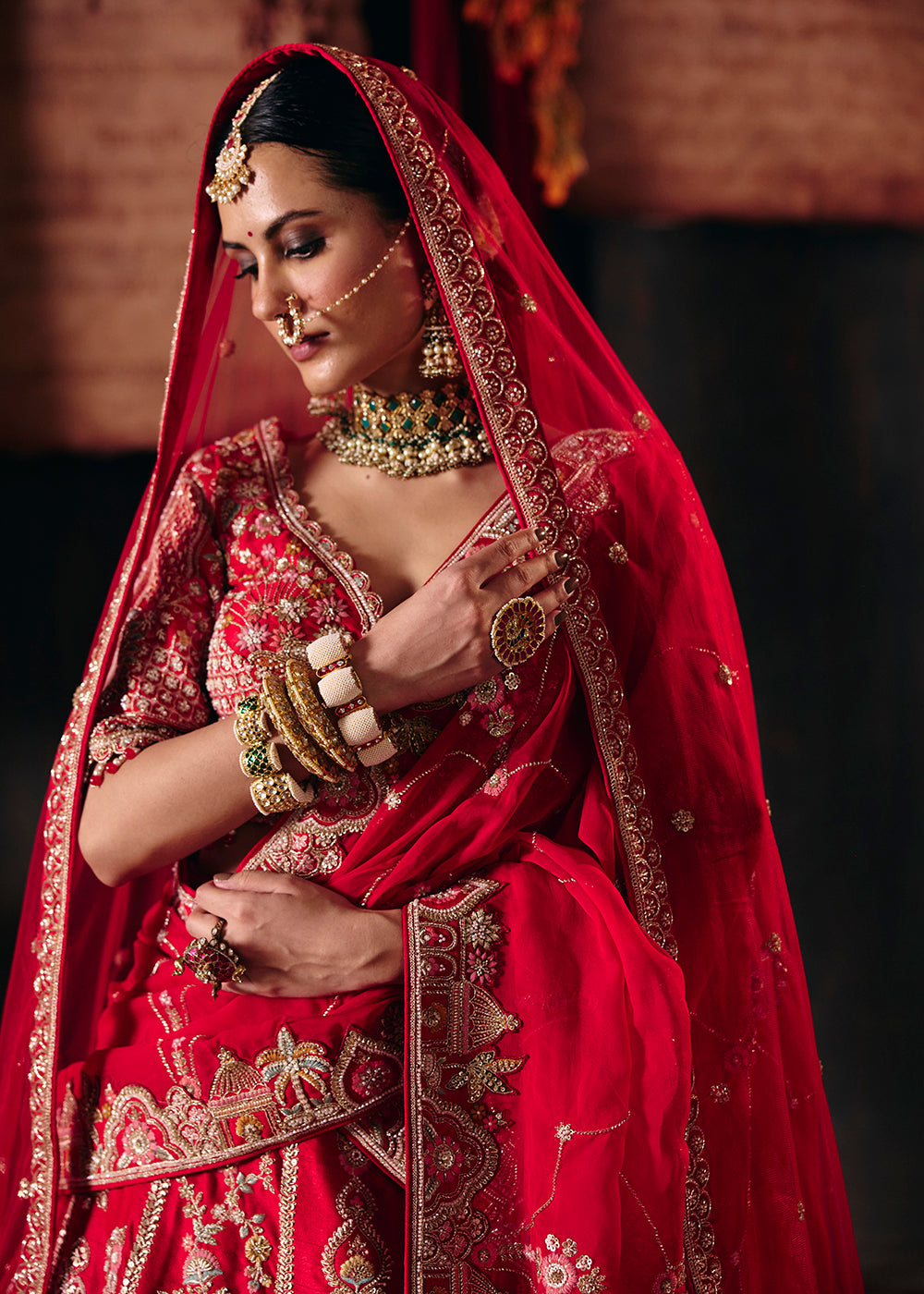 Shop Now Rani Red Heavy Embroidery with Double Dupatta Bridal Lehenga Choli Online in USA, UK, Canada, France, Germany, Austria, Italy &amp; Worldwide at Empress.