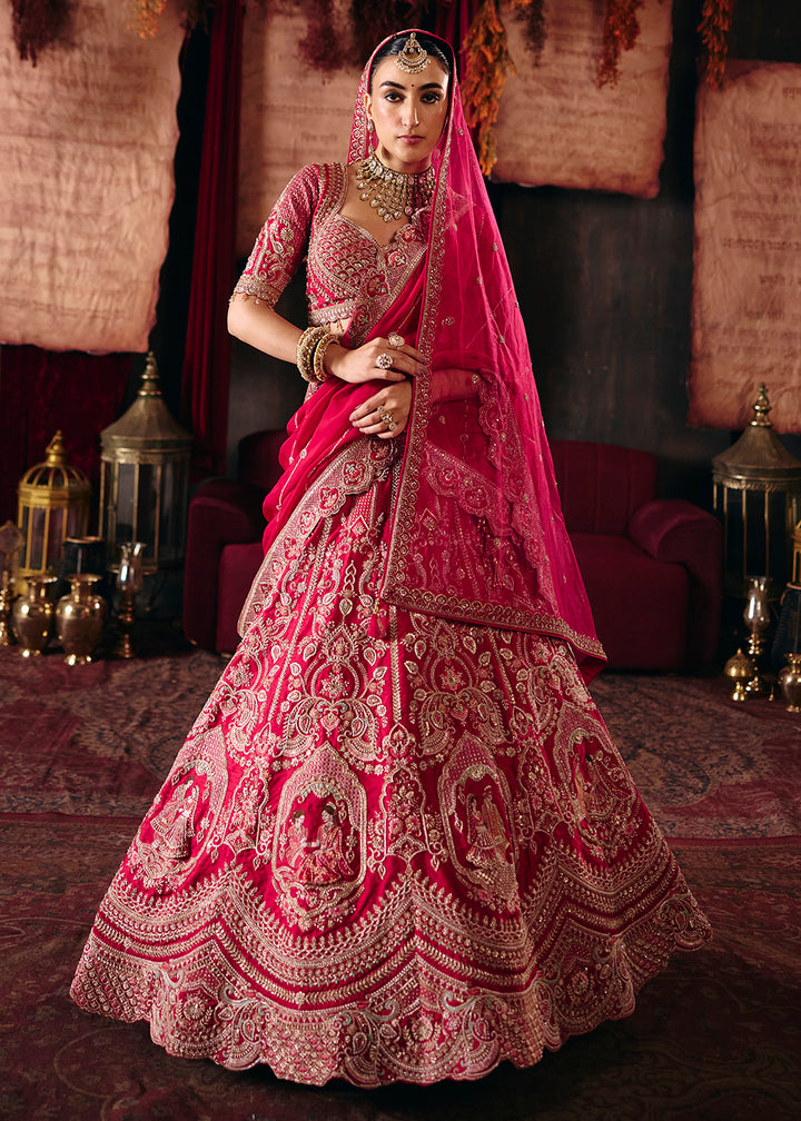 Buy Now Magenta Pink Heavy Embroidery with Double Dupatta Bridal Lehenga Choli Online in USA, UK, Canada, France, Germany, Austria, Italy &amp; Worldwide at Empress.