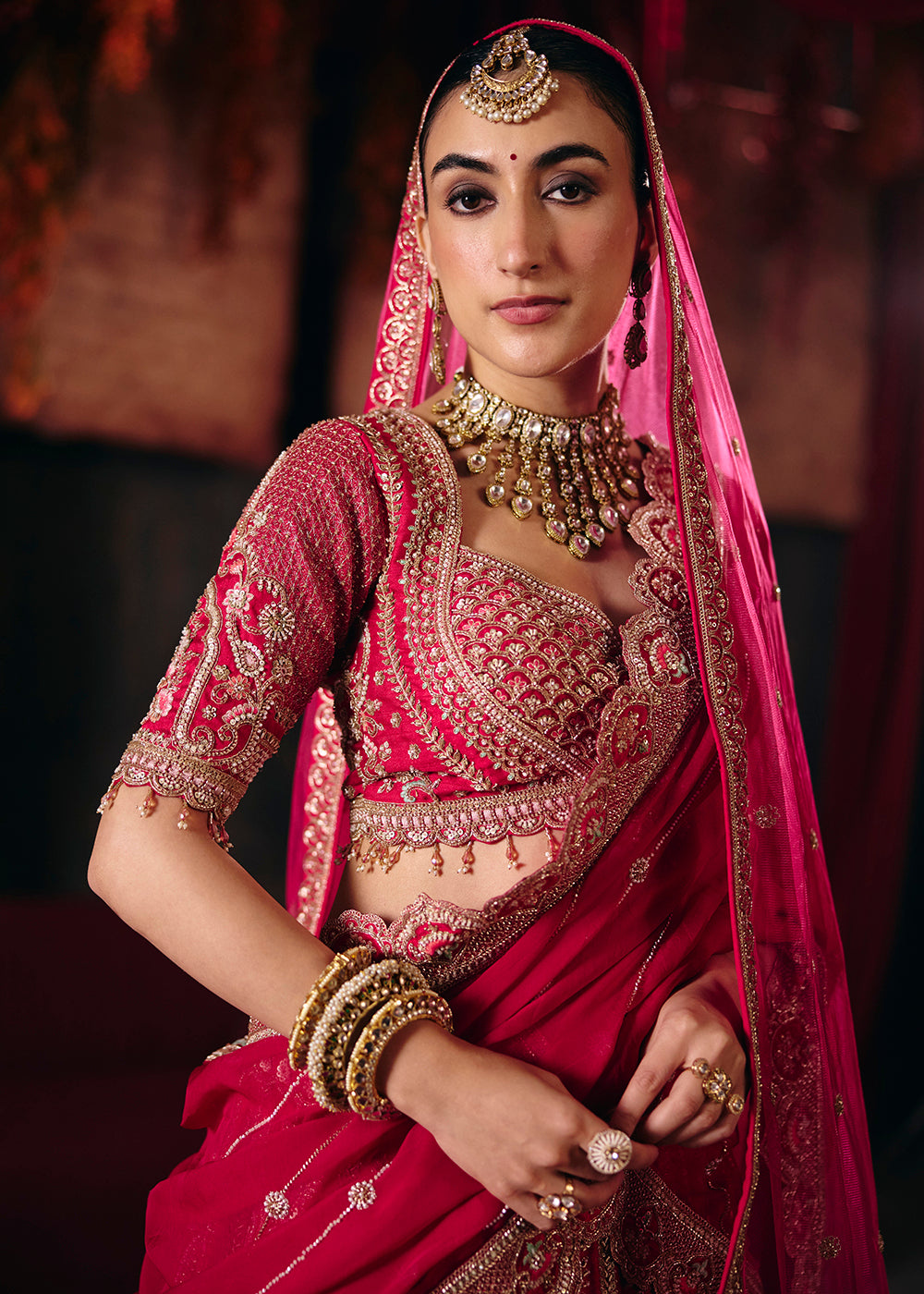 Buy Now Magenta Pink Heavy Embroidery with Double Dupatta Bridal Lehenga Choli Online in USA, UK, Canada, France, Germany, Austria, Italy &amp; Worldwide at Empress.