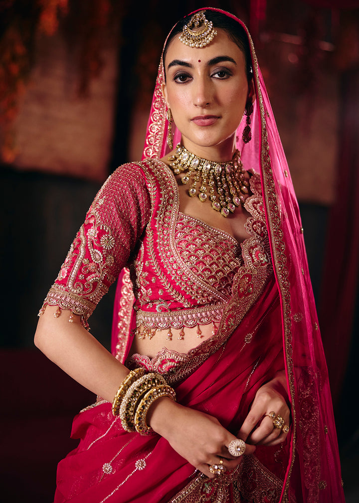 Buy Now Magenta Pink Heavy Embroidery with Double Dupatta Bridal Lehenga Choli Online in USA, UK, Canada, France, Germany, Austria, Italy &amp; Worldwide at Empress.