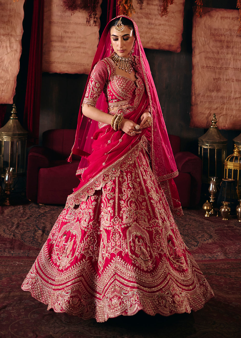 Buy Now Magenta Pink Heavy Embroidery with Double Dupatta Bridal Lehenga Choli Online in USA, UK, Canada, France, Germany, Austria, Italy &amp; Worldwide at Empress.