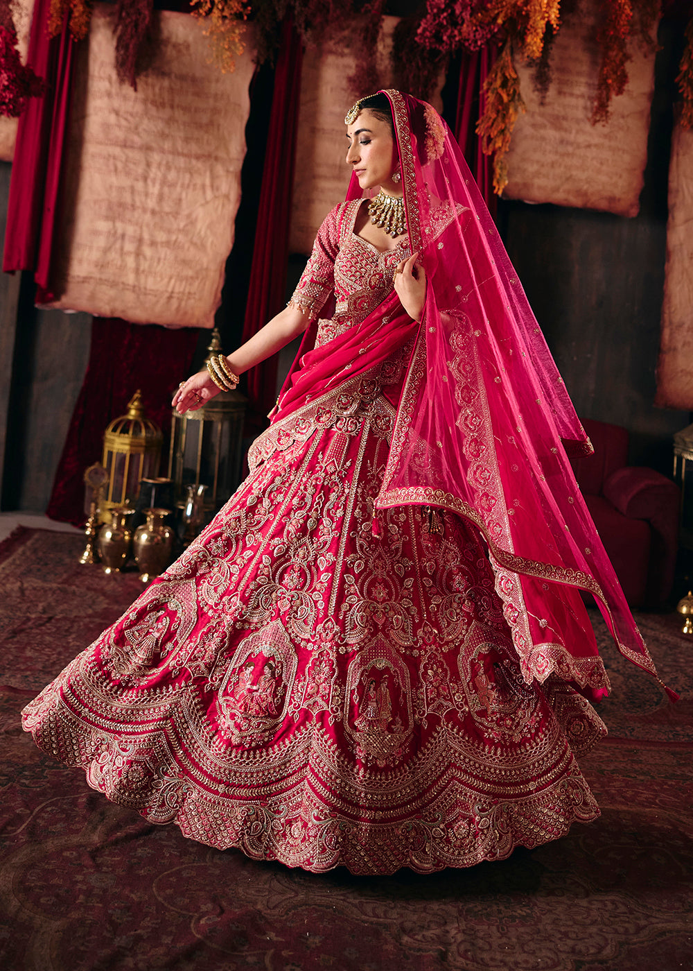 Buy Now Magenta Pink Heavy Embroidery with Double Dupatta Bridal Lehenga Choli Online in USA, UK, Canada, France, Germany, Austria, Italy &amp; Worldwide at Empress.