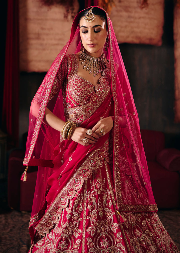 Buy Now Magenta Pink Heavy Embroidery with Double Dupatta Bridal Lehenga Choli Online in USA, UK, Canada, France, Germany, Austria, Italy &amp; Worldwide at Empress.