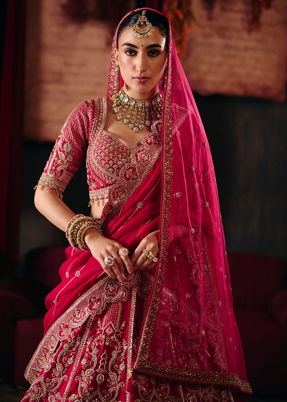 Buy Now Magenta Pink Heavy Embroidery with Double Dupatta Bridal Lehenga Choli Online in USA, UK, Canada, France, Germany, Austria, Italy &amp; Worldwide at Empress.