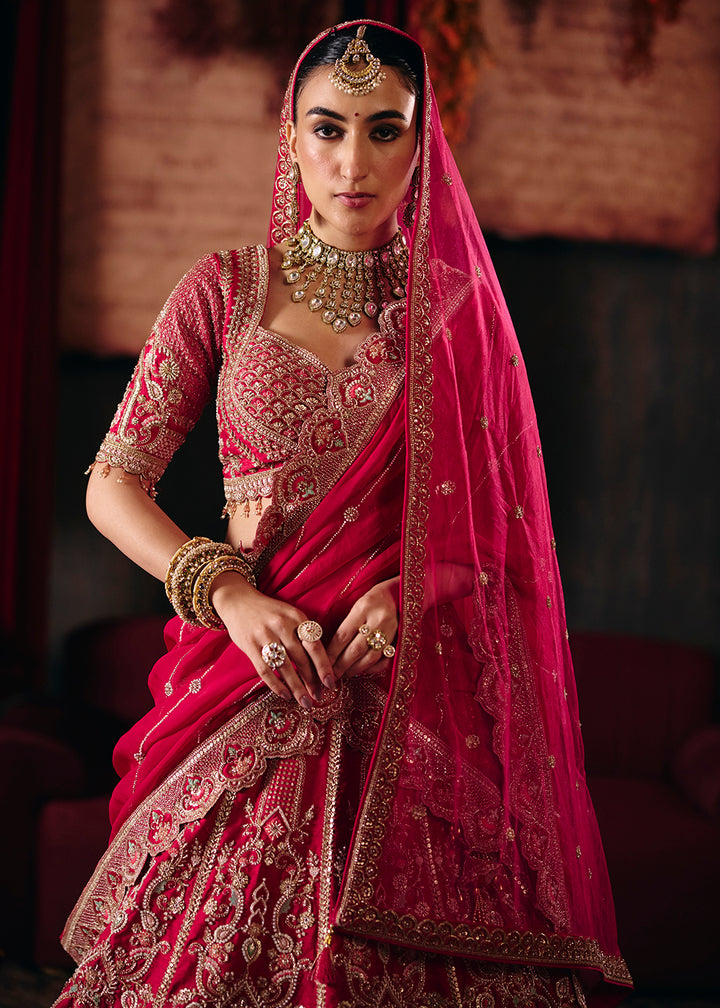 Buy Now Magenta Pink Heavy Embroidery with Double Dupatta Bridal Lehenga Choli Online in USA, UK, Canada, France, Germany, Austria, Italy &amp; Worldwide at Empress.
