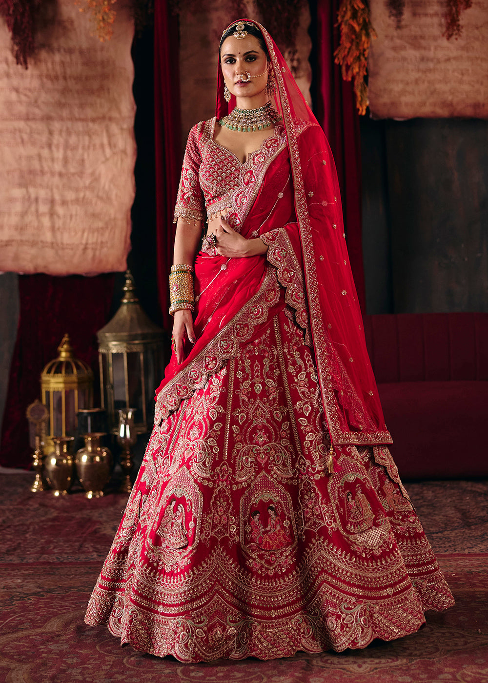 Buy Now Crimson Red Heavy Embroidery with Double Dupatta Bridal Lehenga Choli Online in USA, UK, Canada, France, Germany, Austria, Italy & Worldwide at Empress.
