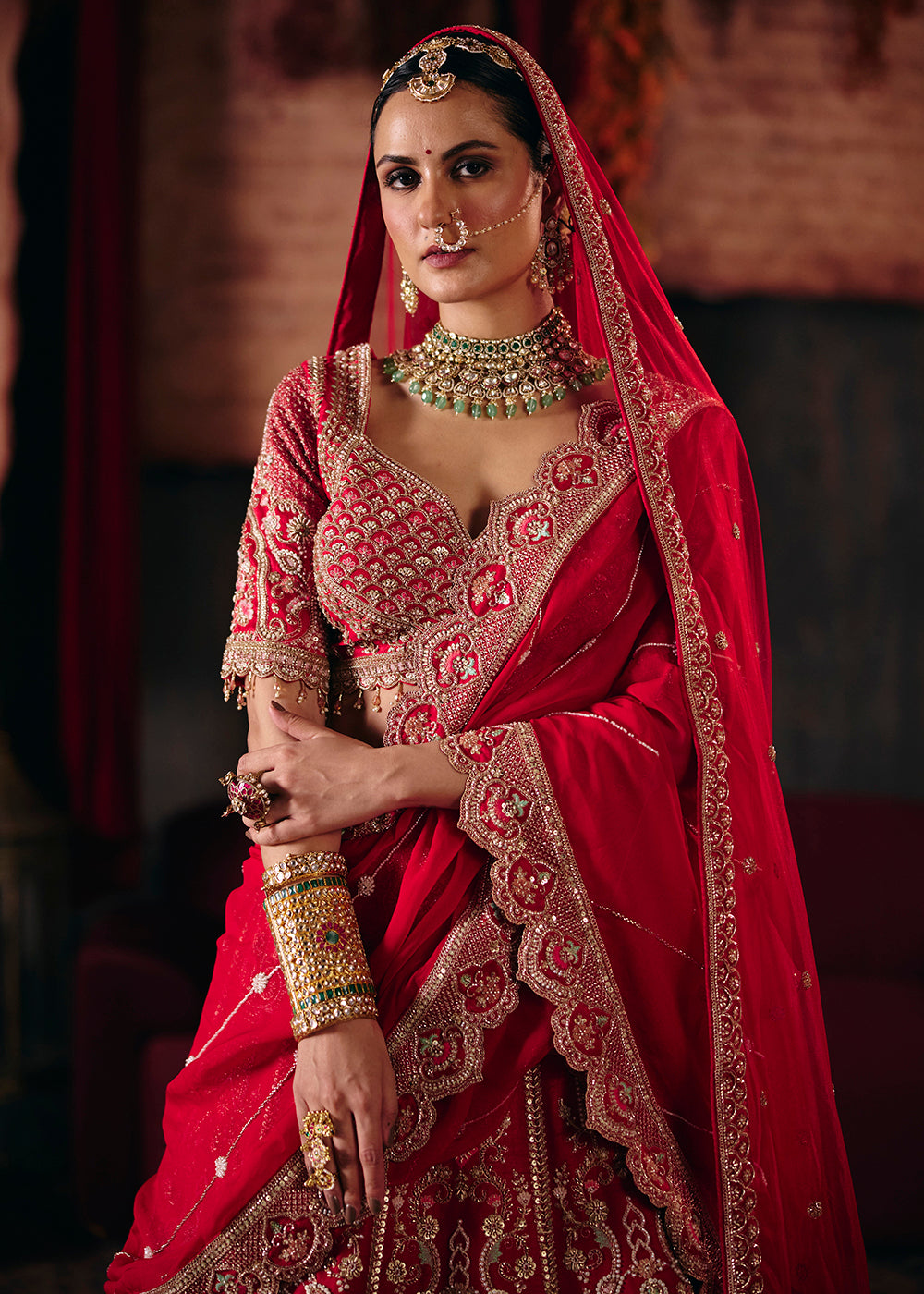 Buy Now Crimson Red Heavy Embroidery with Double Dupatta Bridal Lehenga Choli Online in USA, UK, Canada, France, Germany, Austria, Italy & Worldwide at Empress.