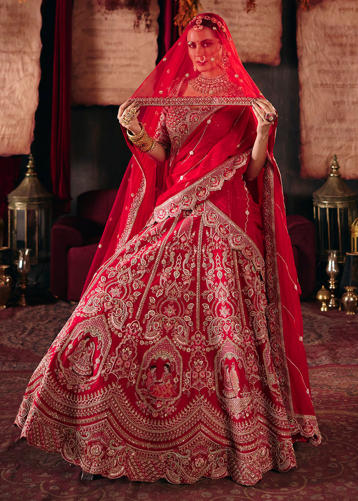 Buy Now Crimson Red Heavy Embroidery with Double Dupatta Bridal Lehenga Choli Online in USA, UK, Canada, France, Germany, Austria, Italy &amp; Worldwide at Empress.
