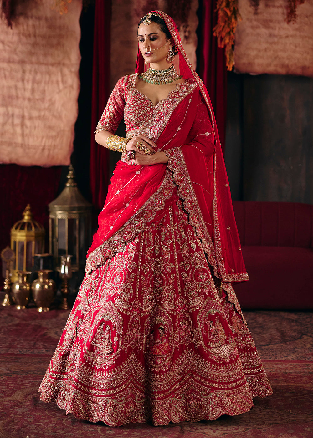 Buy Now Crimson Red Heavy Embroidery with Double Dupatta Bridal Lehenga Choli Online in USA, UK, Canada, France, Germany, Austria, Italy &amp; Worldwide at Empress.