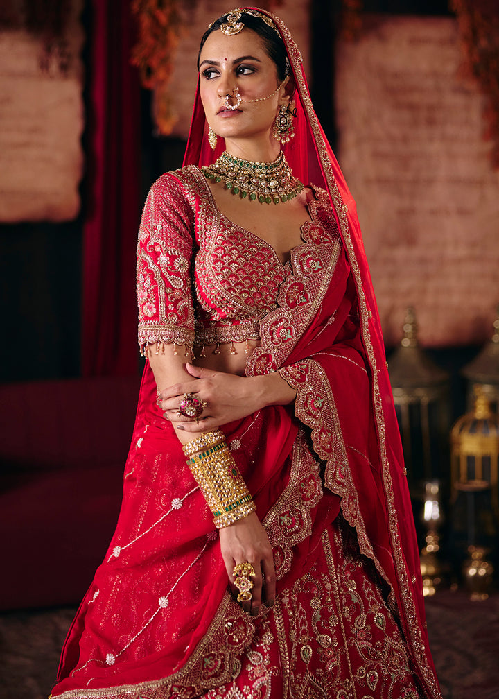 Buy Now Crimson Red Heavy Embroidery with Double Dupatta Bridal Lehenga Choli Online in USA, UK, Canada, France, Germany, Austria, Italy &amp; Worldwide at Empress.
