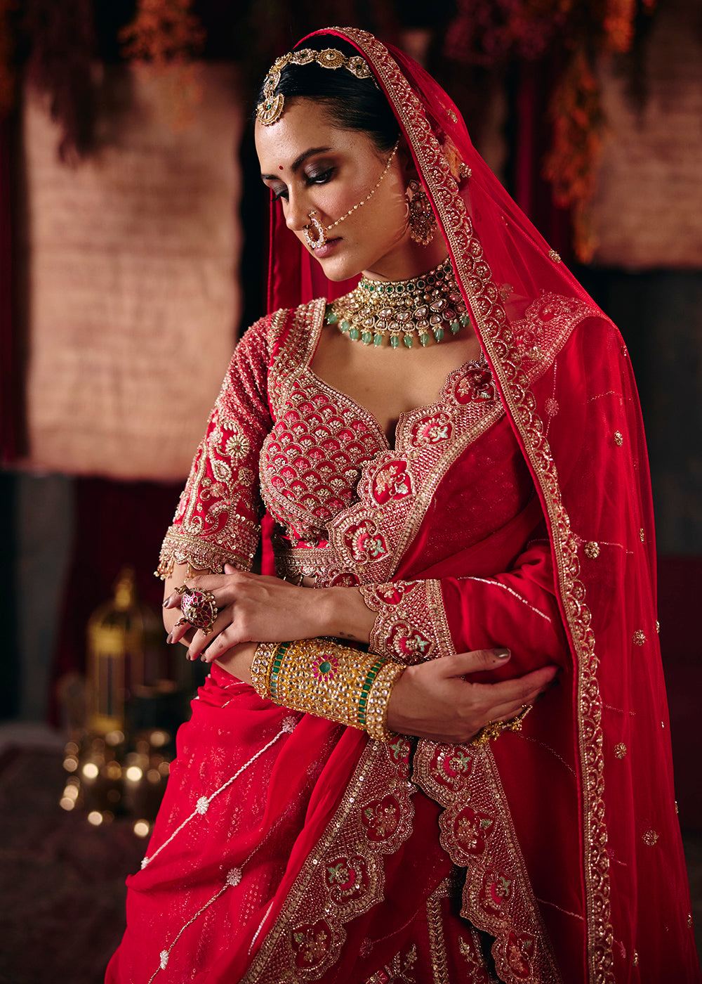 Buy Now Crimson Red Heavy Embroidery with Double Dupatta Bridal Lehenga Choli Online in USA, UK, Canada, France, Germany, Austria, Italy &amp; Worldwide at Empress.