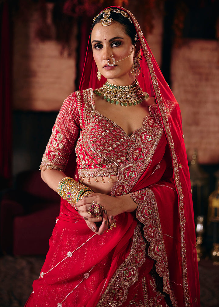 Buy Now Crimson Red Heavy Embroidery with Double Dupatta Bridal Lehenga Choli Online in USA, UK, Canada, France, Germany, Austria, Italy &amp; Worldwide at Empress.