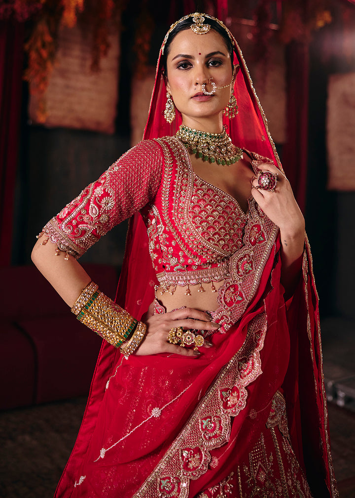 Buy Now Crimson Red Heavy Embroidery with Double Dupatta Bridal Lehenga Choli Online in USA, UK, Canada, France, Germany, Austria, Italy &amp; Worldwide at Empress.