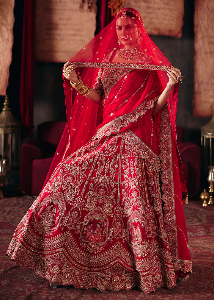 Buy Now Crimson Red Heavy Embroidery with Double Dupatta Bridal Lehenga Choli Online in USA, UK, Canada, France, Germany, Austria, Italy &amp; Worldwide at Empress.