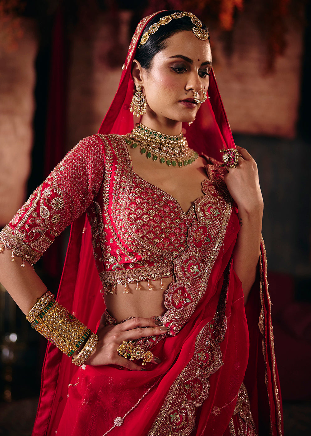 Buy Now Crimson Red Heavy Embroidery with Double Dupatta Bridal Lehenga Choli Online in USA, UK, Canada, France, Germany, Austria, Italy &amp; Worldwide at Empress.